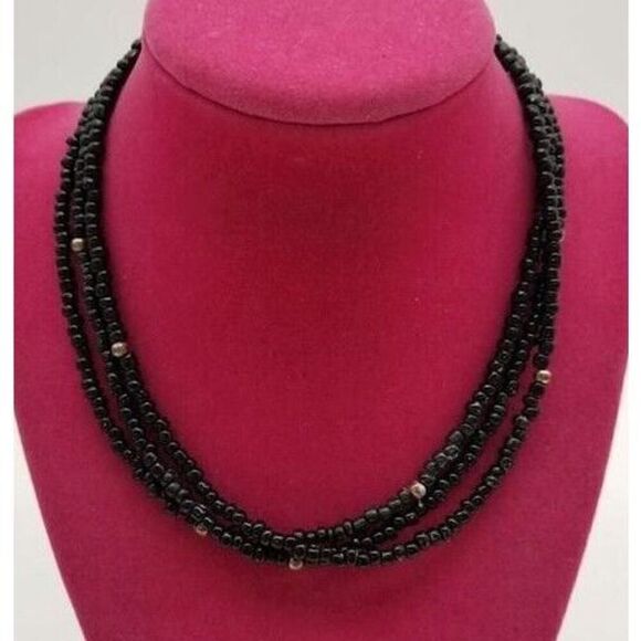793 Silpada N1500 3-Strand Necklace Black Glass & Sterling Silver Beads 16-18” - Picture 1 of 4
